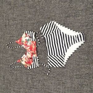 High Waisted Floral Striped Bikini